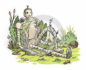 Illustration of an abandoned overgrown robot on the grass