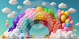 illustration of abstract 3d rainbow with clouds and colorful balloons , blue sky