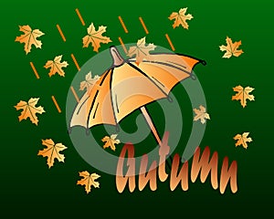 illustration, abstract autumn background, drawn yellow leaves, umbrella and rain and lettering Autumn on a dark background