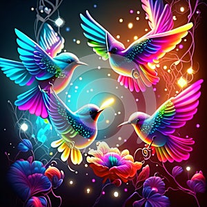 Illustration of abstract background with flying birds, flowers and magic lights Generative AI
