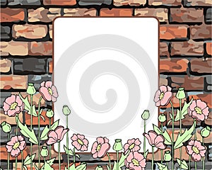 illustration, abstract background, frame for photo and text on old brick wall decorated with painted wildflowers, vintage design