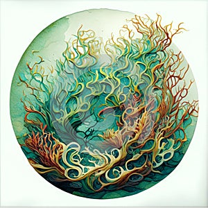 Illustration of an abstract background with seaweed and a sphere. AI Generated