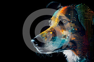 An Illustration of abstract digital Dog concept on black background, Humanly enhanced AI Generated image