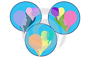 illustration of abstract hearts in the form of faces on a blue background