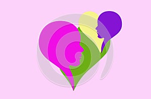 illustration of abstract hearts in the form of faces on a pink background