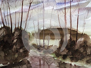 Illustration with an abstract landscape. Autumn view with trees and their reflection in water