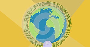 Illustration of abstract patterns around globe and white pearl against colorful background