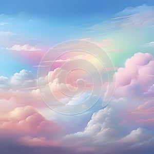 Illustration of an abstract rainbow sky with fluffy clouds.