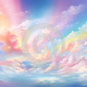 Illustration of an abstract rainbow sky with fluffy clouds.