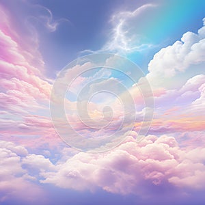 Illustration of an abstract rainbow sky with fluffy clouds.