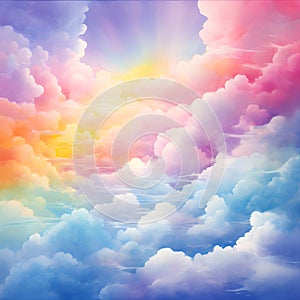 Illustration of an abstract rainbow sky with fluffy clouds.