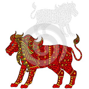 Abstract Illustration of red lion, animal and painted its outline on white background , isolate