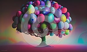 Illustration of abstract tree with colourful eggs crown