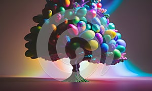 Illustration of abstract tree with colourful eggs crown