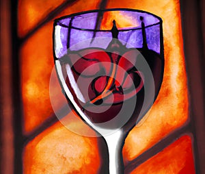 Illustration of abstract wine goblet on church stained vitrage glass background