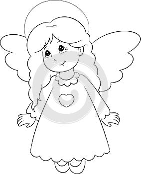 Illustration of an adorable little angel, dressed in a cute dress, in black and white, perfect for children`s coloring book