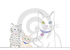 Illustration of adult white cat with two tabby kittens at a table