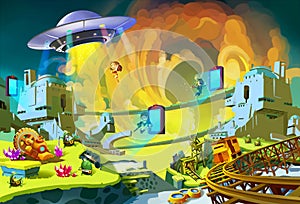 Illustration: The Adventure in the Alien Planet. Sci-Fi, UFO, Chasing, Boy & Girl Heroes, Monster, Portal.