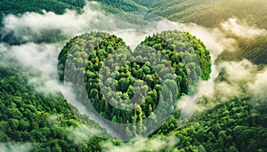 Illustration of aerial view to heart shaped forest amidst misty mountains, showcasing nature beauty and serenity. Generative