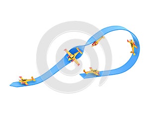 Illustration of aerobatics half loop with a half roll with yellow airplane model over blue arrow on white background