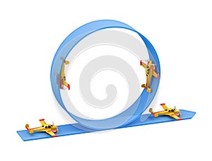 Illustration of aerobatics loop with yellow airplane model over blue arrow on white background