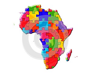 Illustration of an Africa map composed out of colorful puzzle pieces on a white background