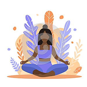 Illustration of African American black woman sitting in lotus position on the background of abstract nature. Woman meditating