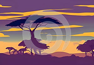 Illustration of An African Forest Silhouette: A Tranquil Nature Scene in Monochrome with Trees and clouds