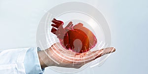 Illustration of afro doctor in coat holding virtual heart