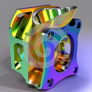 Illustration of AI generated machined metal part on white background with colored surfaces photo