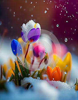 Illustration of AI generated Springtime colorful Crocus Flower Growth, AI generated image