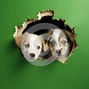 Illustration, AI generation. Two puppies look out of a hole in a green wall