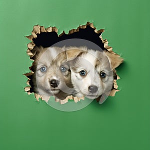 Illustration, AI generation. Two puppies look out of a hole in a green wall