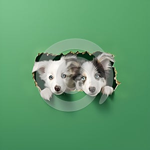 Illustration, AI generation. Two puppies look out of a hole in a green wall