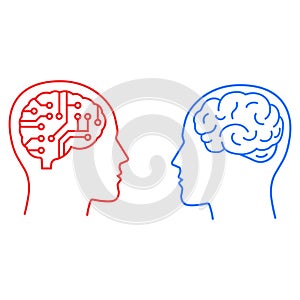 Illustration of ai vs human brain icon design in outline style.