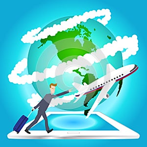 Illustration of airplane travel around the world on tablet , Elements of earth map Furnished by NASA