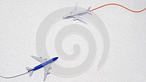 Illustration of airplanes flying with a contrail, copy space. Airline travel concept. Two planes on a white background