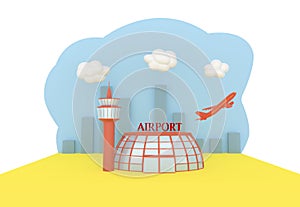 Illustration of an airport building, a flying plane, clouds, a city in the shade