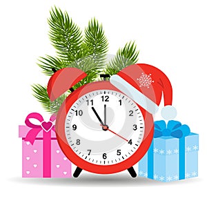 Illustration of an alarm clock in a Santa Claus hat with a Christmas tree and gifts