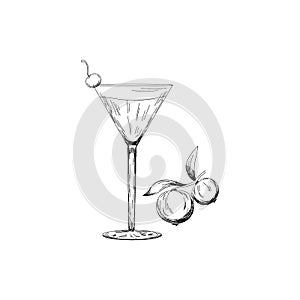 Illustration of alcohol cocktail cosmopolitan. Glass with summer cocktail and cranberry berrie white on background. Hand drawn