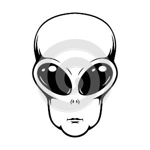 Illustration of alien head in engraving style. Design element for emblem, poster, card, banner, badge.