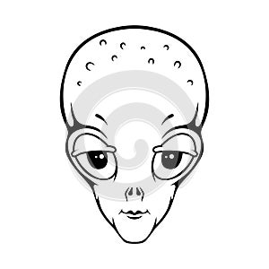 Illustration of alien head in engraving style. Design element for emblem, poster, card, banner, badge. Ufo.