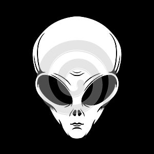 Illustration of alien head in engraving style. Design element for emblem, poster, card, banner, badge. Ufo