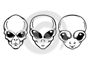 Illustration of alien head in monochrome style. Design element for logo, label, sign, emblem, poster.