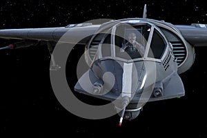 Illustration of an alien piloting a spaceship deep in outer space with stars in the background