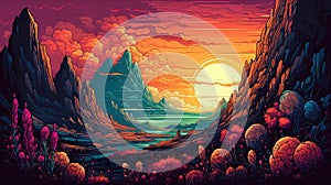 Illustration of alien planet landscape colorful plants