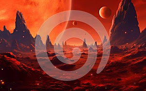 An illustration of an alien planet with unique landforms and an exotic atmosphere. Generative.