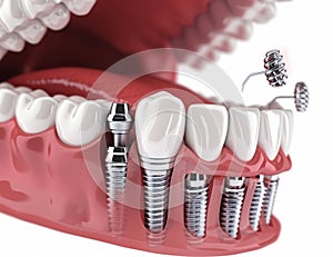 An illustration of the All on 6 prosthesis system, supported by implants. Medically accurate 3D rendering of human teeth
