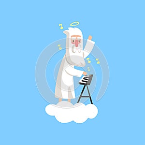 Illustration of almighty bearded god character on fluffy white cloud with halo over his head and playing on synthesizer