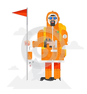 Illustration of a alpinist with a dog on a white background. Man with a flag. Illustration of a man in a flat style. Object